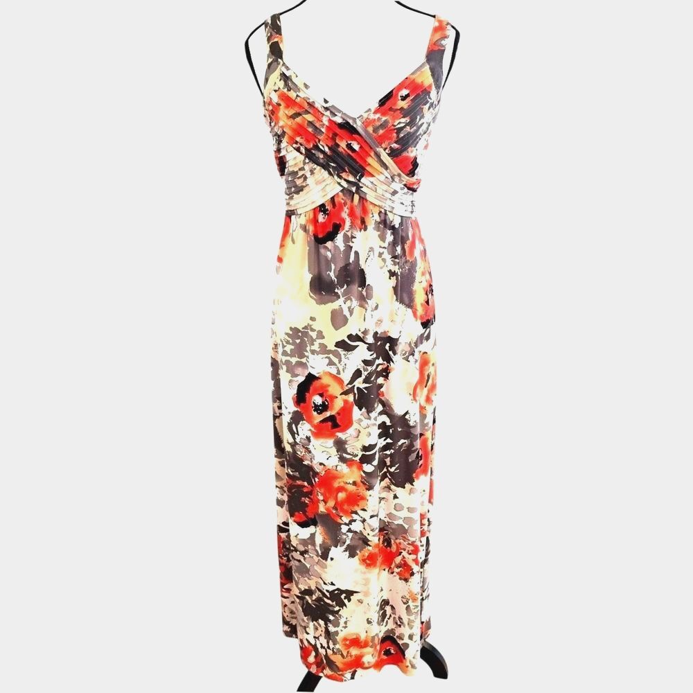 Robbie Bee Maxi Dress XS Floral Ruched Crossover Stretch 53.5" Boho